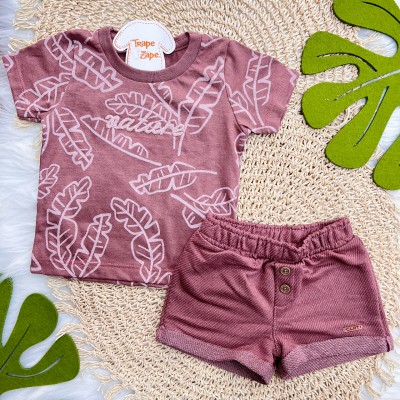 Conj. Camiseta Nature Folhagem e Bermuda em Linho - Bordô